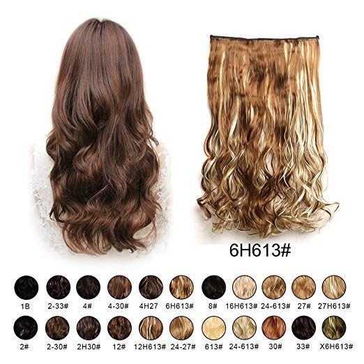 BARSDAR 20" Wavy 3/4 Full Head Clip in Synthetic Hair Extensions Long Curly Wave one piece 5 Clips Hairpieces for Women 130g（6H613# Medium Brown mix Bleach Blonde Unevenly）