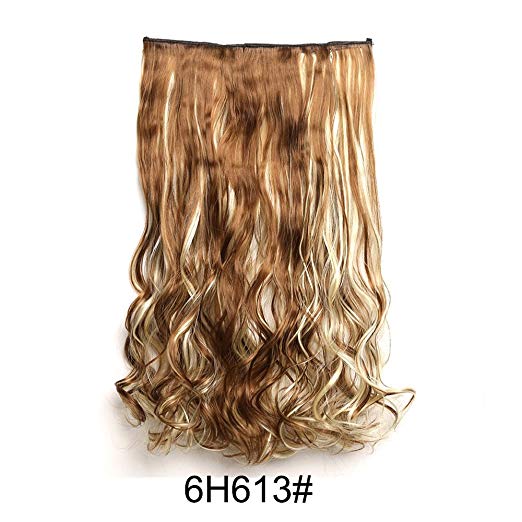 BARSDAR 20" Wavy 3/4 Full Head Clip in Synthetic Hair Extensions Long Curly Wave one piece 5 Clips Hairpieces for Women 130g（6H613# Medium Brown mix Bleach Blonde Unevenly）