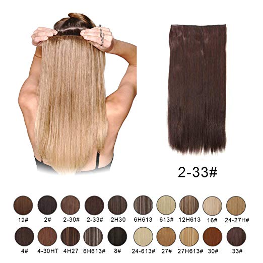 BARSDAR 24" Straight 3/4 Full Head One Piece 5 clips in on Synthetic Hair Extensions Hair pieces for Women - 2/33# Darkest Brown mix Dark Auburn Evenly