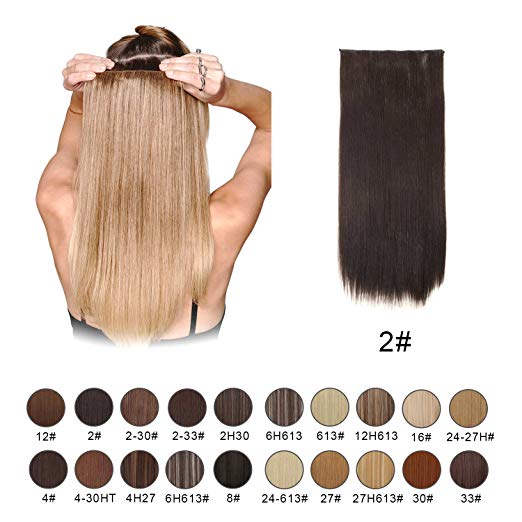 BARSDAR 24" Straight 3/4 Full Head One Piece 5 clips in on Synthetic Hair Extensions Hair pieces for Women - 2# Darkest Brown