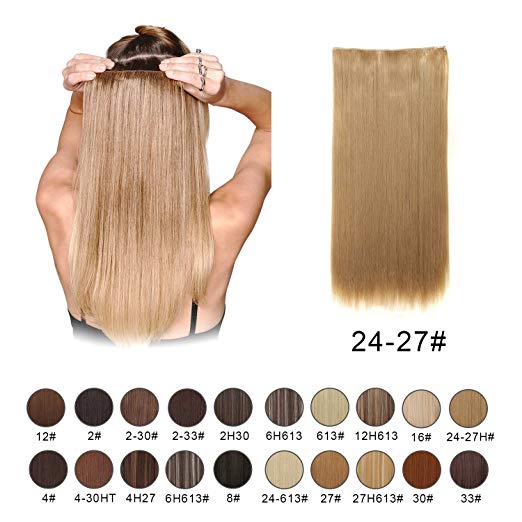 BARSDAR 24" Straight 3/4 Full Head One Piece 5 clips in on Synthetic Hair Extensions Hair pieces for Women - 24/27# Light Blonde mix Strawberry Blonde Evenly