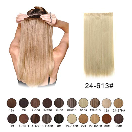 BARSDAR 24" Straight 3/4 Full Head One Piece 5 clips in on Synthetic Hair Extensions Hair pieces for Women - 24/613# Light Blonde mix Bleach Blonde Evenly