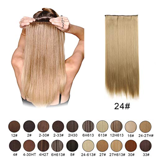 BARSDAR 24" Straight 3/4 Full Head One Piece 5 clips in on Synthetic Hair Extensions Hair pieces for Women - 24# Light Blonde
