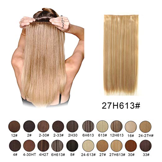 BARSDAR 24" Straight 3/4 Full Head One Piece 5 clips in on Synthetic Hair Extensions Hair pieces for Women - 27/613# Strawberry Blonde mix Bleach Blonde Evenly