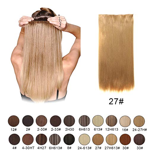 BARSDAR 24" Straight 3/4 Full Head One Piece 5 clips in on Synthetic Hair Extensions Hair pieces for Women - 27# Strawberry Blonde