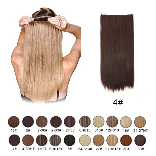 BARSDAR 24" Straight 3/4 Full Head One Piece 5 clips in on Synthetic Hair Extensions Hair pieces for Women - 4# Dark Brown
