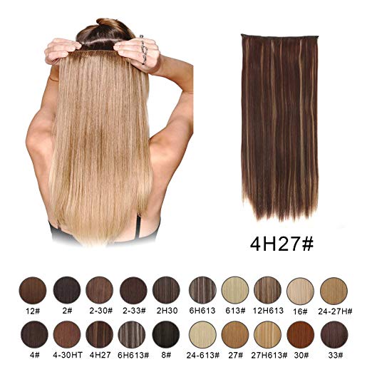 BARSDAR 24" Straight 3/4 Full Head One Piece 5 clips in on Synthetic Hair Extensions Hair pieces for Women - 4H27# Dark Brown mix Strawberry Blonde Evenly