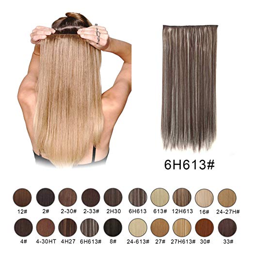 BARSDAR 24" Straight 3/4 Full Head One Piece 5 clips in on Synthetic Hair Extensions Hair pieces for Women - 6H613# Medium Brown mix Bleach Blonde Unevenly