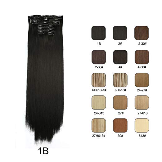 BARSDAR 6Pcs 16Clips 23.5-24 Inch Long Thick Straight Full Head Clip in on Double Weft Synthetic Hair Extensions Hairpieces for Women 135g/4.76oz (1B# Off Black)