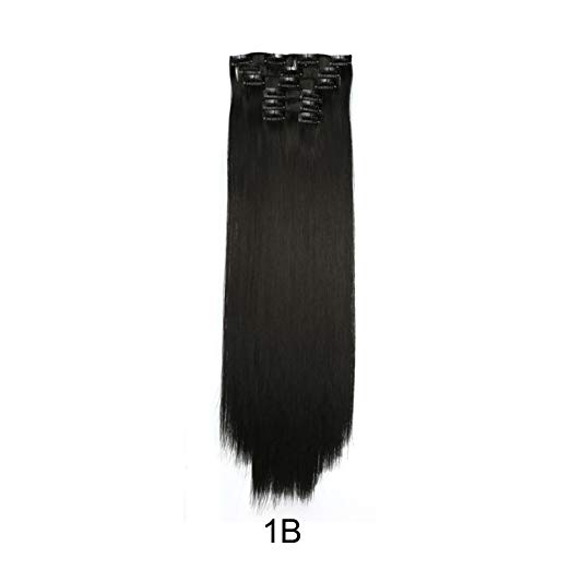 BARSDAR 6Pcs 16Clips 23.5-24 Inch Long Thick Straight Full Head Clip in on Double Weft Synthetic Hair Extensions Hairpieces for Women 135g/4.76oz (1B# Off Black)
