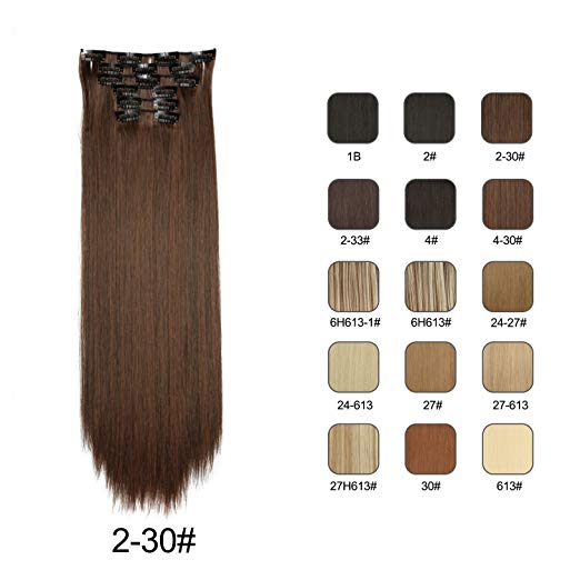 BARSDAR 6Pcs 16Clips 23" Thick Straight Full Head Clip in on Double Weft Synthetic Hair Extensions Hairpieces for Women 135g/4.76oz (2/30# Darkest Brown mix Auburn Evenly)