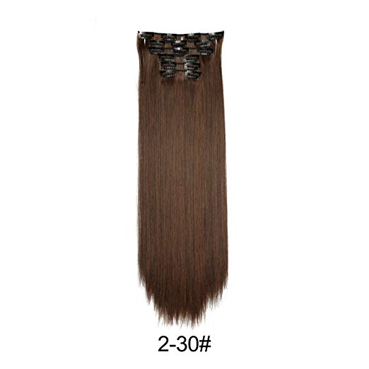 BARSDAR 6Pcs 16Clips 23" Thick Straight Full Head Clip in on Double Weft Synthetic Hair Extensions Hairpieces for Women 135g/4.76oz (2/30# Darkest Brown mix Auburn Evenly)