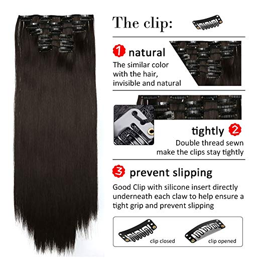 BARSDAR 6Pcs 16Clips 23" Thick Straight Full Head Clip in on Double Weft Synthetic Hair Extensions Hairpieces for Women 135g/4.76oz (2/30# Darkest Brown mix Auburn Evenly)