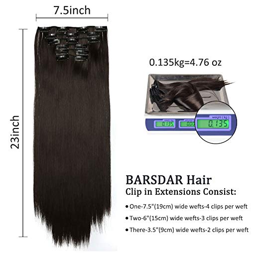 BARSDAR 6Pcs 16Clips 23" Thick Straight Full Head Clip in on Double Weft Synthetic Hair Extensions Hairpieces for Women 135g/4.76oz (2/30# Darkest Brown mix Auburn Evenly)