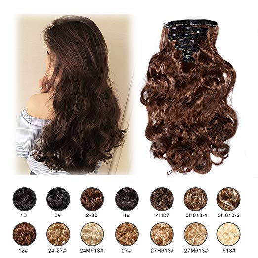 BARSDAR 6Pcs 16Clips 23" Thick Straight Full Head Clip in on Double Weft Synthetic Hair Extensions Hairpieces for Women 135g/4.76oz (2/30# Darkest Brown mix Auburn Evenly)