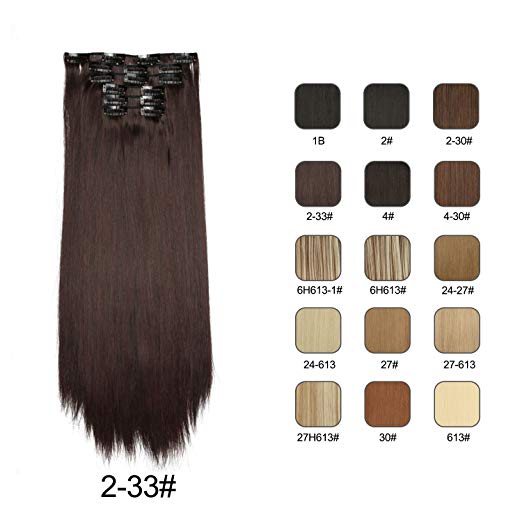 BARSDAR 6Pcs 16Clips 23" Thick Straight Full Head Clip in on Double Weft Synthetic Hair Extensions Hairpieces for Women 135g/4.76oz (2/33# Darkest Brown mix Dark Auburn Evenly)