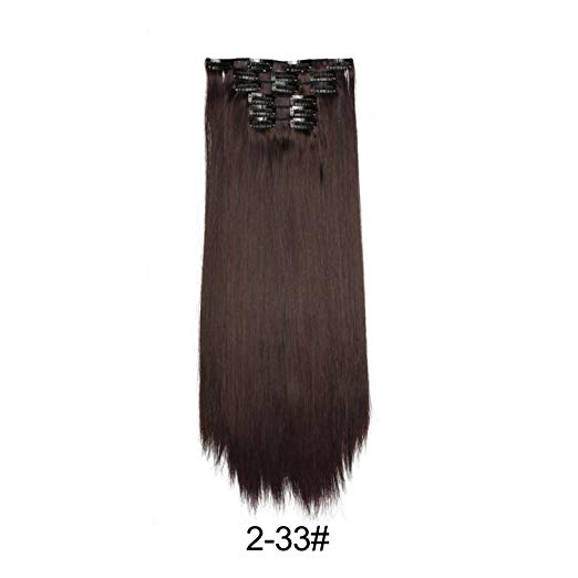 BARSDAR 6Pcs 16Clips 23" Thick Straight Full Head Clip in on Double Weft Synthetic Hair Extensions Hairpieces for Women 135g/4.76oz (2/33# Darkest Brown mix Dark Auburn Evenly)
