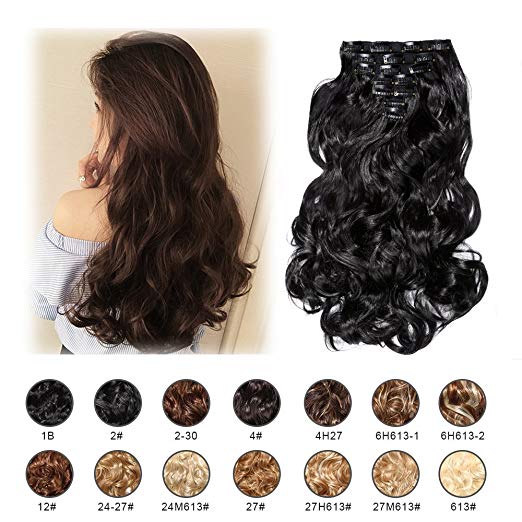 BARSDAR 17" Long Curly 7Pcs 16Clips Full Head Clip in Synthetic Hair Extensions Hairpieces for Women 150g (2#Darkest Brown)