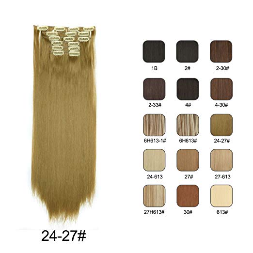BARSDAR 6Pcs 16Clips 23" Thick Straight Full Head Clip in on Double Weft Synthetic Hair Extensions Hairpieces for Women 135g/4.76oz (24/27# Light Blonde mix Strawberry Blonde Evenly)