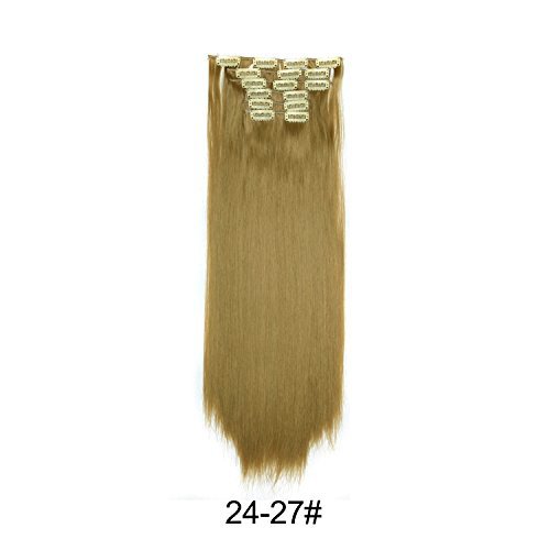 BARSDAR 6Pcs 16Clips 23" Thick Straight Full Head Clip in on Double Weft Synthetic Hair Extensions Hairpieces for Women 135g/4.76oz (24/27# Light Blonde mix Strawberry Blonde Evenly)