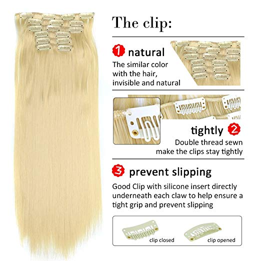 BARSDAR 6Pcs 16Clips 23" Thick Straight Full Head Clip in on Double Weft Synthetic Hair Extensions Hairpieces for Women 135g/4.76oz (24/27# Light Blonde mix Strawberry Blonde Evenly)