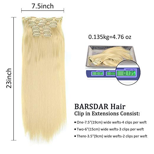 BARSDAR 6Pcs 16Clips 23" Thick Straight Full Head Clip in on Double Weft Synthetic Hair Extensions Hairpieces for Women 135g/4.76oz (24/27# Light Blonde mix Strawberry Blonde Evenly)