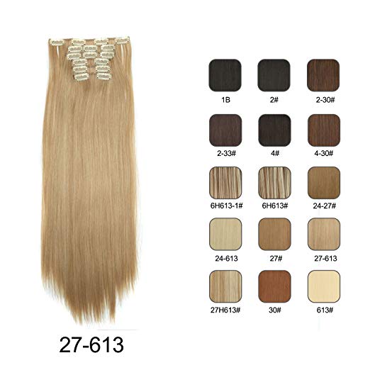 BARSDAR 6Pcs 16Clips 23" Thick Straight Full Head Clip in on Double Weft Synthetic Hair Extensions Hairpieces for Women 135g/4.76oz (27/613# Strawberry Blonde mix Bleach Blonde Evenly)