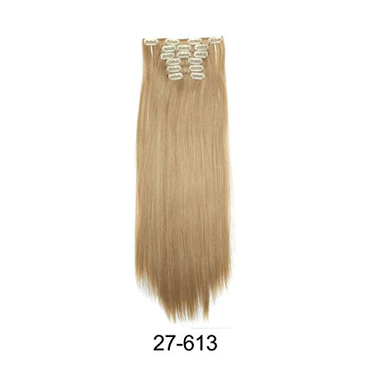 BARSDAR 6Pcs 16Clips 23" Thick Straight Full Head Clip in on Double Weft Synthetic Hair Extensions Hairpieces for Women 135g/4.76oz (27/613# Strawberry Blonde mix Bleach Blonde Evenly)