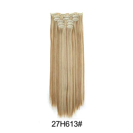 BARSDAR 6Pcs 16Clips 23" Thick Straight Full Head Clip in on Double Weft Synthetic Hair Extensions Hairpieces for Women 135g/4.76oz (27H613#Strawberry Blonde mix Bleach Blonde Unevenly)