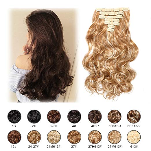 BARSDAR 6Pcs 16Clips 23" Thick Straight Full Head Clip in on Double Weft Synthetic Hair Extensions Hairpieces for Women 135g/4.76oz (27H613#Strawberry Blonde mix Bleach Blonde Unevenly)