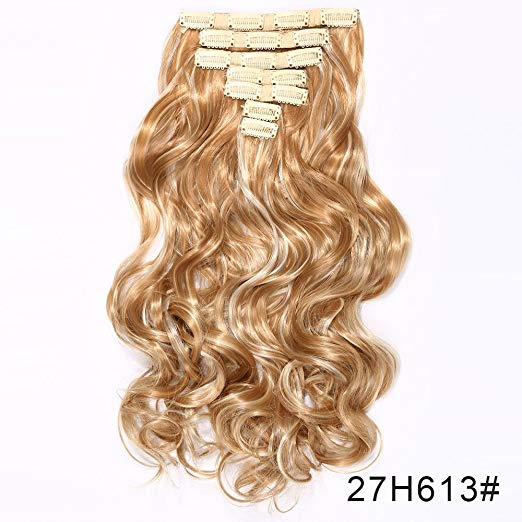 BARSDAR 6Pcs 16Clips 23" Thick Straight Full Head Clip in on Double Weft Synthetic Hair Extensions Hairpieces for Women 135g/4.76oz (27H613#Strawberry Blonde mix Bleach Blonde Unevenly)