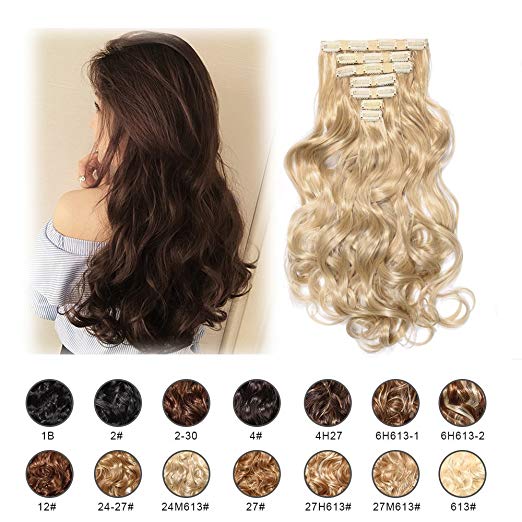 BARSDAR 17" Long Curly 7Pcs 16Clips Full Head Clip in Synthetic Hair Extensions Hairpieces for Women 150g (27M613# Strawberry Blonde mix Bleach Blonde Evenly)