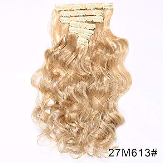 BARSDAR 17" Long Curly 7Pcs 16Clips Full Head Clip in Synthetic Hair Extensions Hairpieces for Women 150g (27M613# Strawberry Blonde mix Bleach Blonde Evenly)