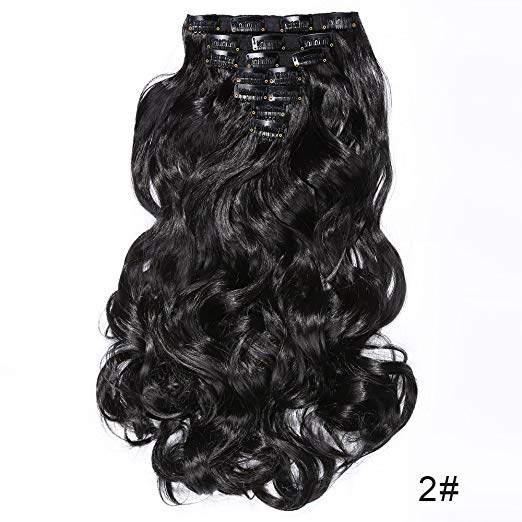 BARSDAR 17" Long Curly 7Pcs 16Clips Full Head Clip in Synthetic Hair Extensions Hairpieces for Women 150g (2#Darkest Brown)