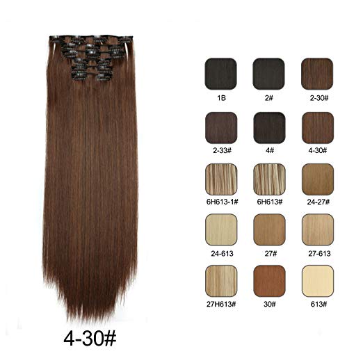 BARSDAR 6Pcs 16Clips 23" Thick Straight Full Head Clip in on Double Weft Synthetic Hair Extensions Hairpieces for Women 135g/4.76oz (4/30# Dark Brown mix Auburn Evenly)