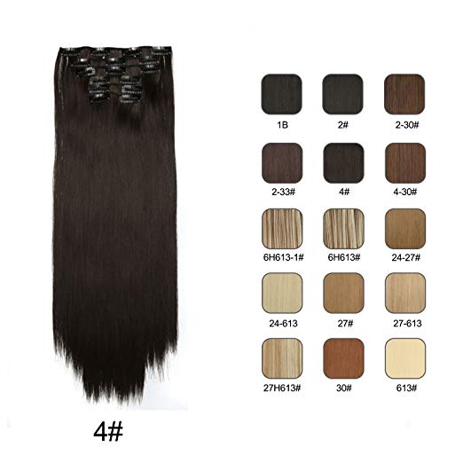 BARSDAR 6Pcs 16Clips 23" Thick Straight Full Head Clip in on Double Weft Synthetic Hair Extensions Hairpieces for Women 135g/4.76oz (4# Dark Brown)