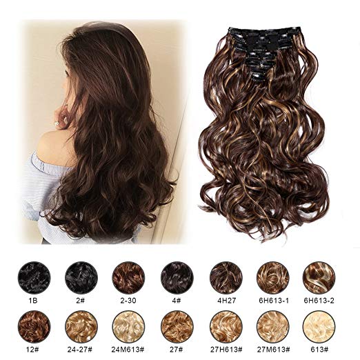 BARSDAR 17" Long Curly 7Pcs 16Clips Full Head Clip in Synthetic Hair Extensions Hairpieces for Women 150g (4H27#Dark Brown Strawberry Blonde Unevenly)