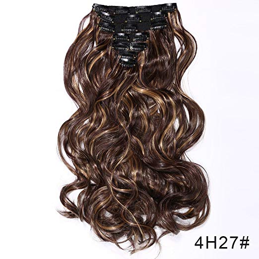 BARSDAR 17" Long Curly 7Pcs 16Clips Full Head Clip in Synthetic Hair Extensions Hairpieces for Women 150g (4H27#Dark Brown Strawberry Blonde Unevenly)