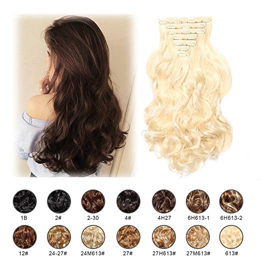 BARSDAR 17" Long Curly 7Pcs 16Clips Full Head Clip in Synthetic Hair Extensions Hairpieces for Women 150g (613# Bleach Blonde)