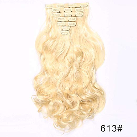 BARSDAR 17" Long Curly 7Pcs 16Clips Full Head Clip in Synthetic Hair Extensions Hairpieces for Women 150g (613# Bleach Blonde)
