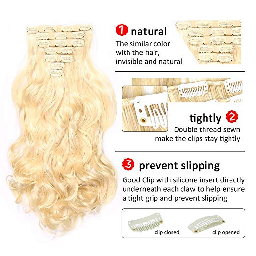 BARSDAR 17" Long Curly 7Pcs 16Clips Full Head Clip in Synthetic Hair Extensions Hairpieces for Women 150g (613# Bleach Blonde)
