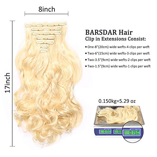 BARSDAR 17" Long Curly 7Pcs 16Clips Full Head Clip in Synthetic Hair Extensions Hairpieces for Women 150g (613# Bleach Blonde)
