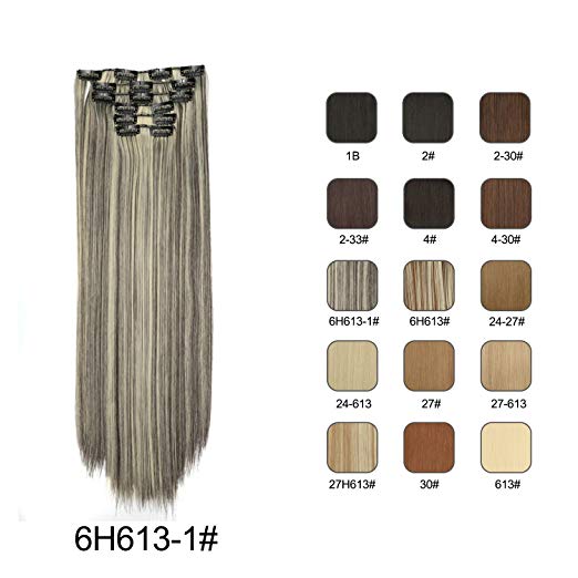BARSDAR 6Pcs 16Clips 23.5-24 Inch Long Thick Straight Full Head Clip in on Double Weft Synthetic Hair Extensions Hairpieces for Women 135g/(6H613/1# Medium Brown mix Bleach Blonde and Black Unevenly)