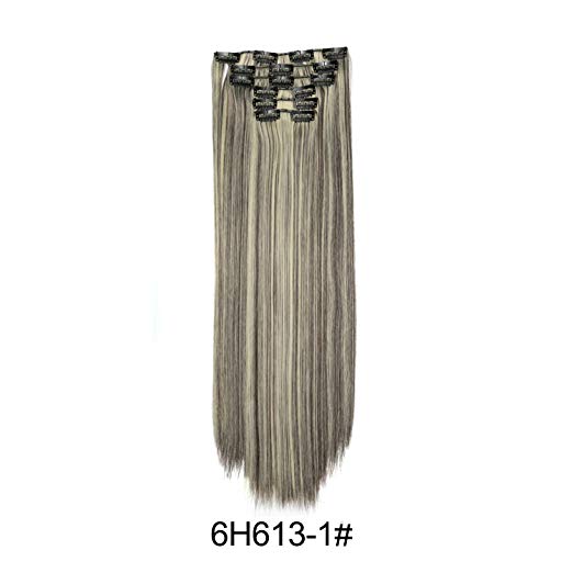 BARSDAR 6Pcs 16Clips 23.5-24 Inch Long Thick Straight Full Head Clip in on Double Weft Synthetic Hair Extensions Hairpieces for Women 135g/(6H613/1# Medium Brown mix Bleach Blonde and Black Unevenly)