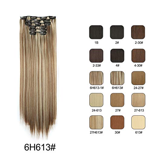BARSDAR 6Pcs 16Clips 23" Thick Straight Full Head Clip in on Double Weft Synthetic Hair Extensions Hairpieces for Women 135g/4.76oz (6H613# Medium Brown mix Bleach Blonde Unevenly)