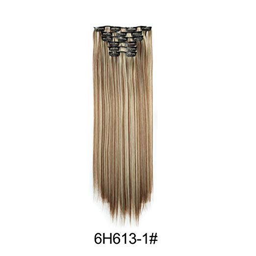 BARSDAR 6Pcs 16Clips 23" Thick Straight Full Head Clip in on Double Weft Synthetic Hair Extensions Hairpieces for Women 135g/4.76oz (6H613# Medium Brown mix Bleach Blonde Unevenly)