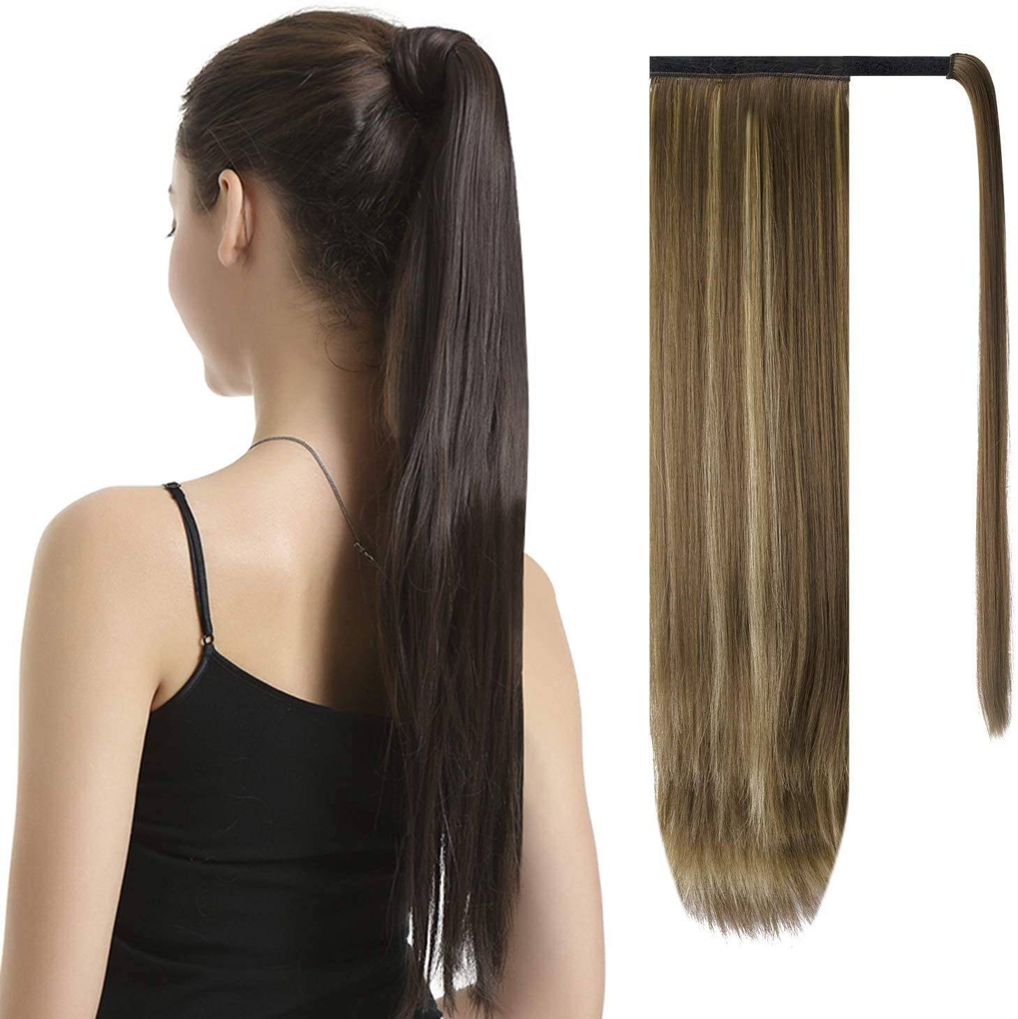 BARSDAR Ponytail Extension 26 Inch Long Straight Wrap Around Hair Piece for Women Synthetic Hair for Daily Use (86H10 Blonde & Medium Brown)