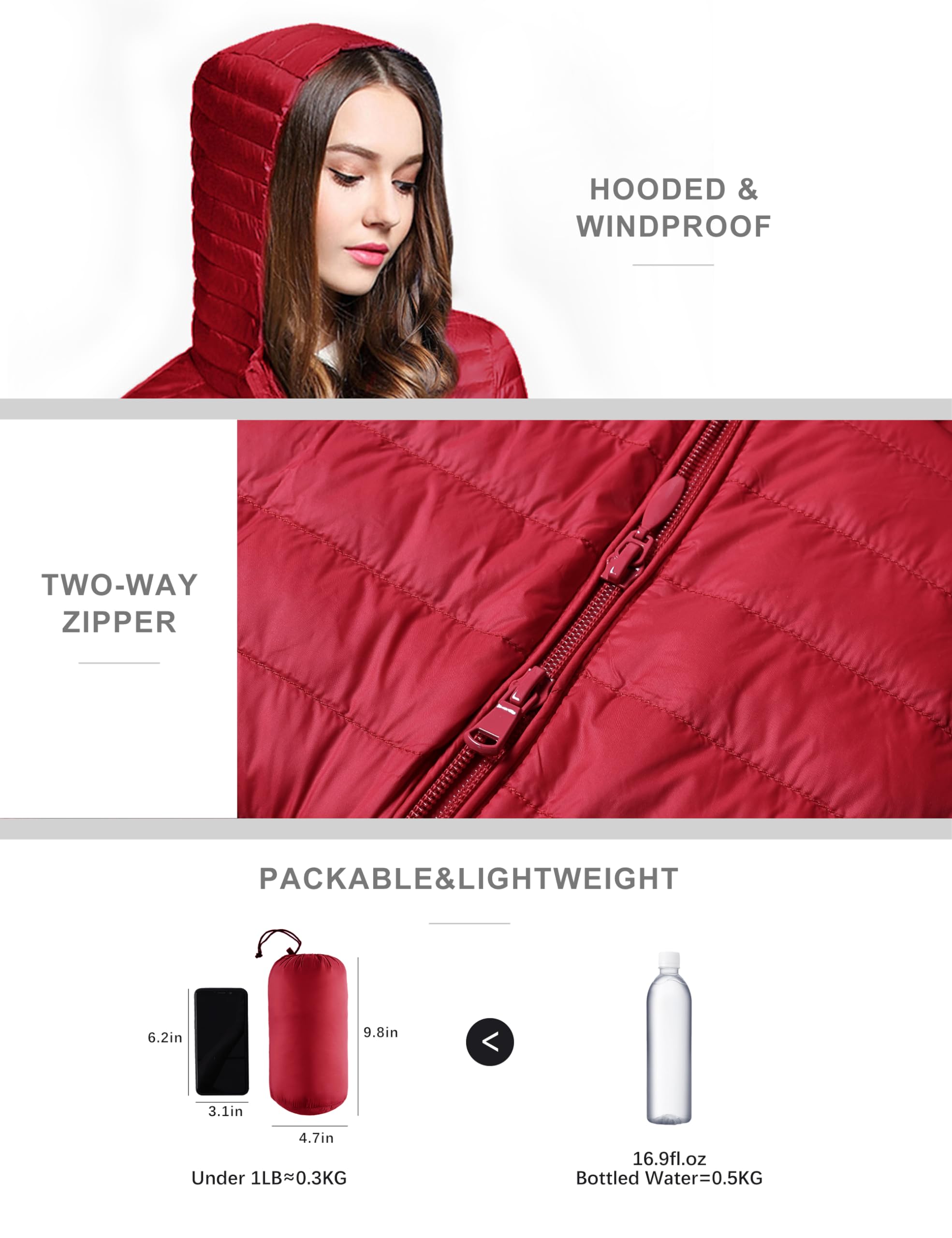 BARSDAR Women's Puffer Jacket Lightweight Packable Hooded Loose Fitting Down Coat with Two-Way Zipper