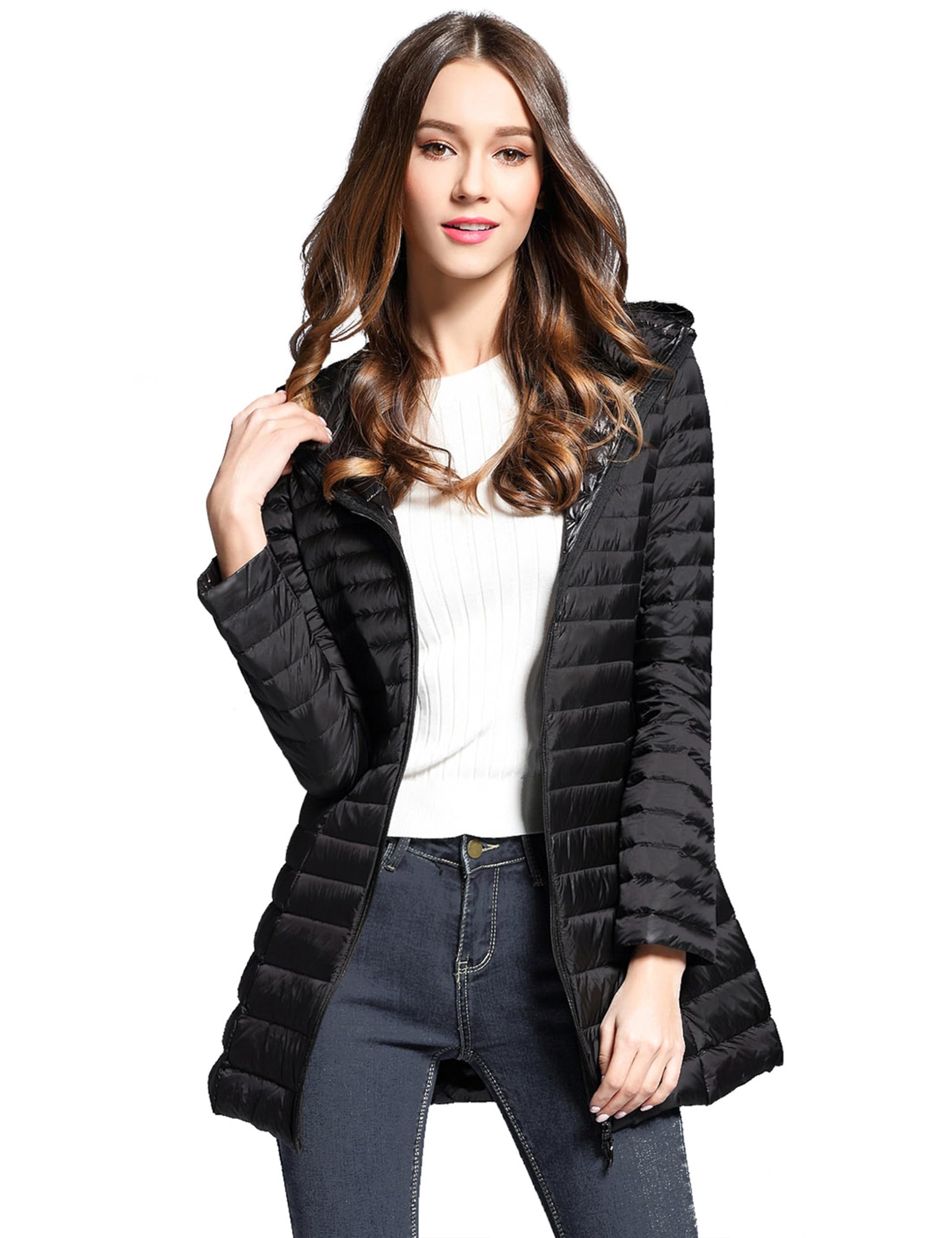 BARSDAR Women's Puffer Jacket Lightweight Packable Hooded Loose Fitting Down Coat with Two-Way Zipper