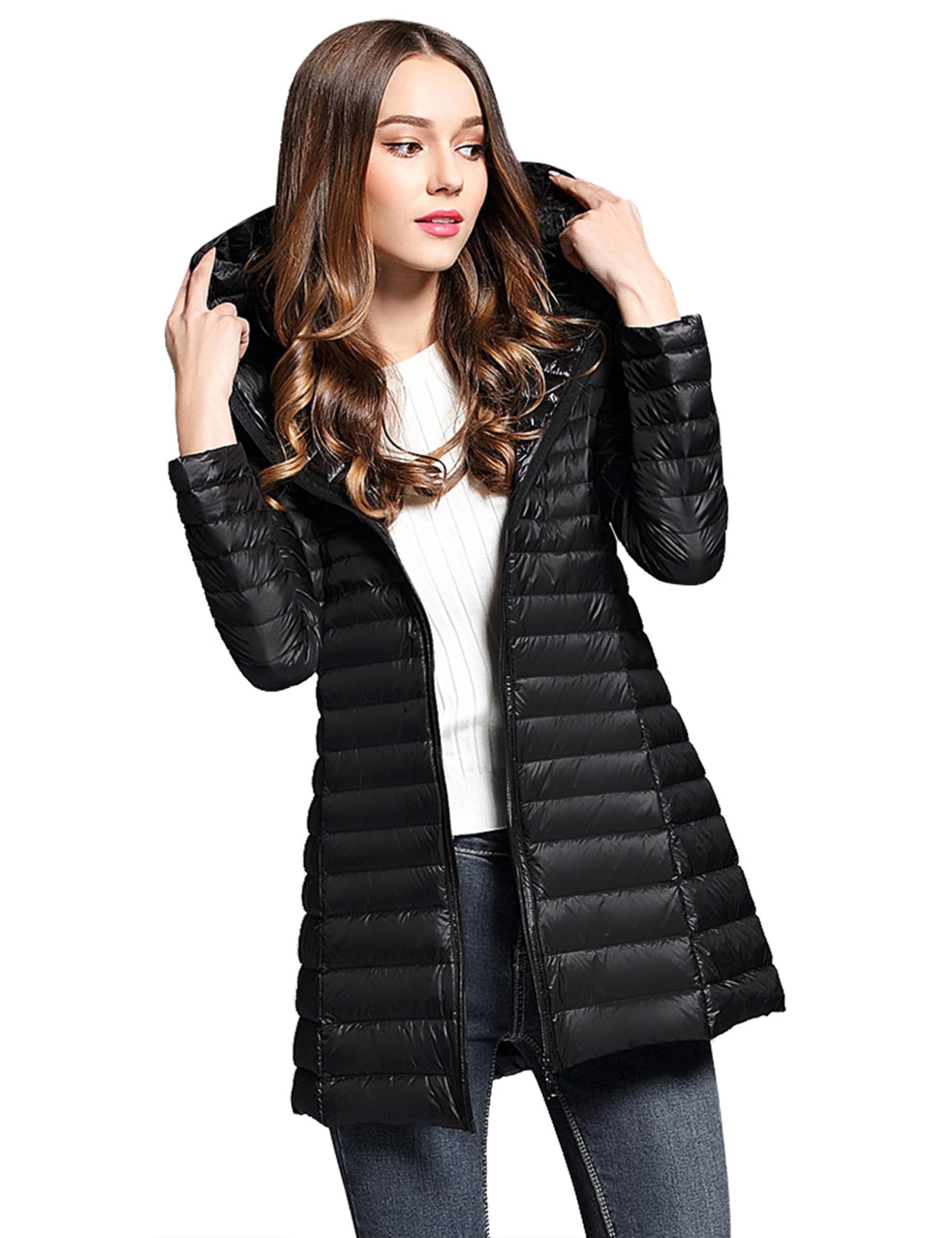 BARSDAR Women's Puffer Jacket Lightweight Packable Hooded Loose Fitting Down Coat with Two-Way Zipper